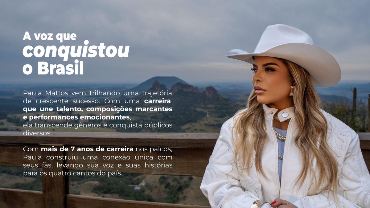 Paula Mattos em imagem de apresentação artística com chapéu branco e paisagem ao fundo.