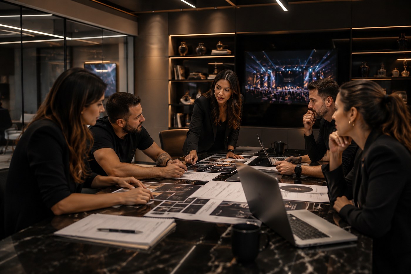 Equipe da AMBG reunida em uma reunião estratégica para planejamento de eventos.