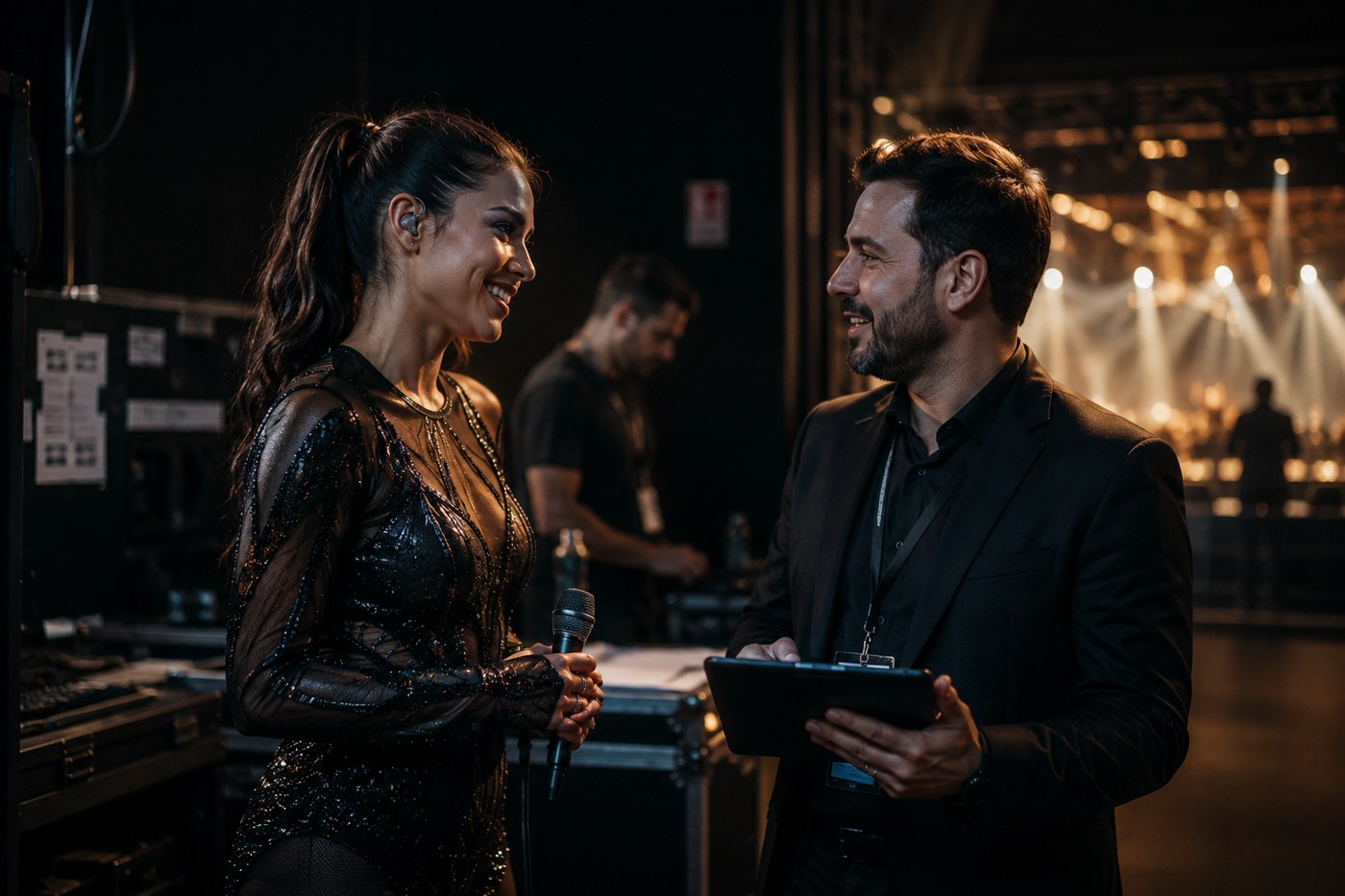 Produtor conversando com artista nos bastidores antes de uma apresentação.
