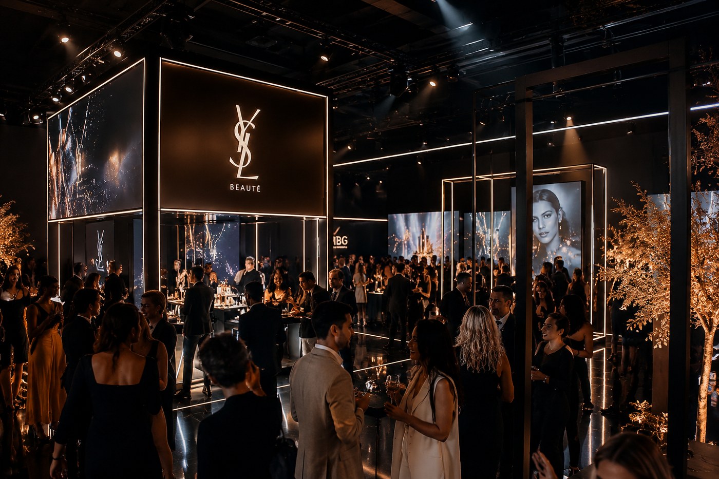 Evento premium de lançamento com estruturas iluminadas e convidados.
